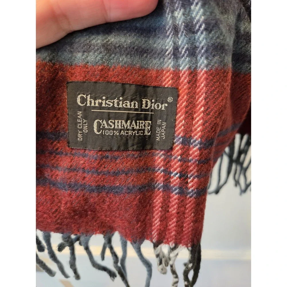 Vintage Christian Dior Cashmere Scarf Maroon Navy Plaid